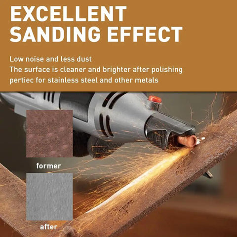 42 Piece Aluminum Oxide Sanding Bit Set with One Eighth Inch Shank for rotary tools showing sanding effect on metal