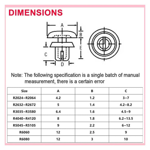 Dimensions chart showing sizes for Heavy Duty Nylon Push Rivet Clips For PC Board And Wire Harness with specifications.