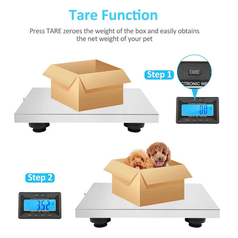 Commercial Grade Digital Shipping Scale With Wireless Display And Bullyproof Stainless Steel Platform 992 Lb Heavy Duty Postal Scale showcasing tare mode with a box and pets.