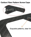 Close-up of Dope Black Carbon Fiber License Plate Screw Caps and Fasteners featuring a detailed carbon fiber pattern.