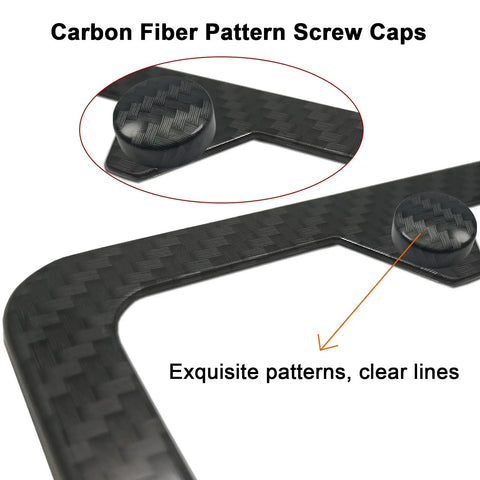 Close-up of Dope Black Carbon Fiber License Plate Screw Caps and Fasteners featuring a detailed carbon fiber pattern.