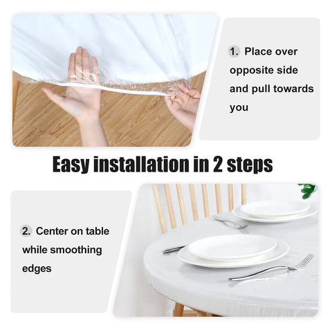 Round Waterproof Table Cover With Elastic Edges Fitted Vinyl Tablecloth Clear For 45 To 56 Inch Round Tables Stays Put No Clips Needed Windproof And Spill Resistant Table Protector For Any Event installation guide