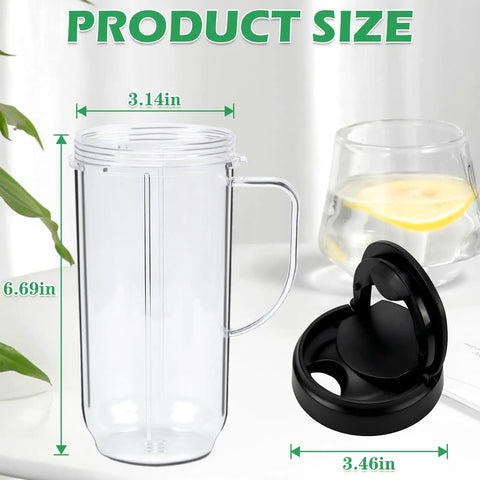 22oz Blender Cup Replacement Set With Flip Top On The Go Lid And Handle For 250W MB1001 Blenders beside glass