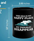 Sailor Coffee Mug 11oz Black For Boaters And Boat Captains Funny Lake And Sailboat Gift On The Go Morning Brew For Him Or Her Great Gift For Sailors Sea Lovers Lake Life Fans, with "The Sea is My Happy Place" text.