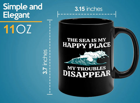 Sailor Coffee Mug 11oz Black For Boaters And Boat Captains Funny Lake And Sailboat Gift On The Go Morning Brew For Him Or Her Great Gift For Sailors Sea Lovers Lake Life Fans, with "The Sea is My Happy Place" text.
