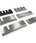 Top Shelf Carbon Steel Carton Sealer Blades Pack Of Ten Double Slot Design showing various sizes and sharp edges for box sealing machines.