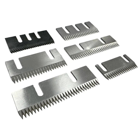 Top Shelf Carbon Steel Carton Sealer Blades Pack Of Ten Double Slot Design showing various sizes and sharp edges for box sealing machines.