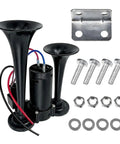Heavy Duty 12V Dual Trumpet Air Horn Kit With Compressor Pump delivering heck of a loud 130DB blast featuring black ABS horns and compressor.