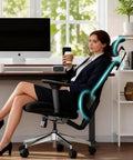 Woman sitting on Heavy Duty Ergonomic Mesh Office Chair For Tall Folks With 4D Armrests 2D Headrest 135 Degree Recline