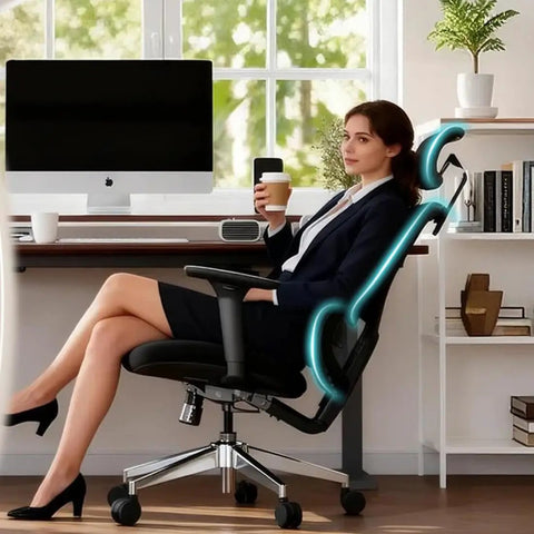 Woman sitting on Heavy Duty Ergonomic Mesh Office Chair For Tall Folks With 4D Armrests 2D Headrest 135 Degree Recline