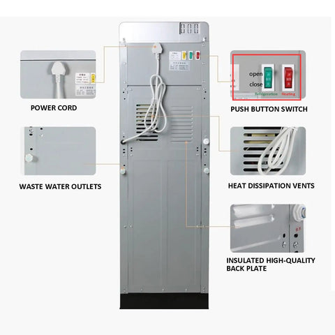 Back view of Freestanding Floor Loading Water Cooler With Instant Ice Cold And Piping Hot Settings showing connections and controls.
