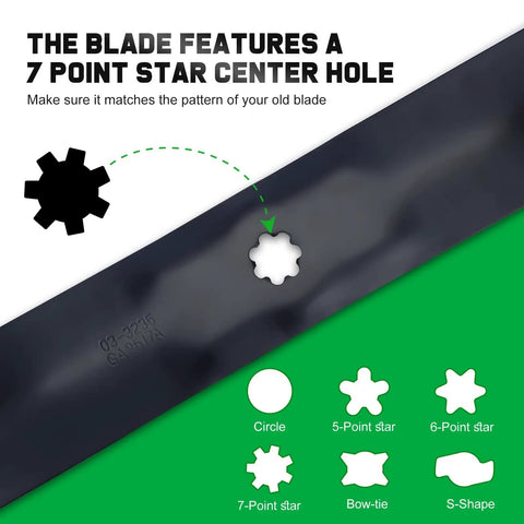 42 Inch Mower Blades For John Deere Riding Lawn Mowers With 7 Point Star Spindle Compatible D130 D110 D105 D125 X300 LA135 Z225 Z235 LT160 E100 E130 42 Inch Deck Replacement Two Pack AM137327 AM141034 AM141032 showing 7 point star center hole detail