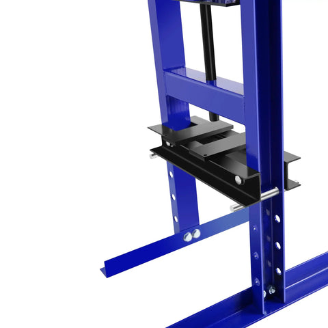 Close-up of Badass Professional Grade Heavy Duty 6 Ton Hydraulic Shop Press with adjustable black work table in blue finish.