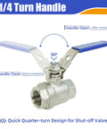 Four Pack Three Quarter Inch Full Port Ball Valve Set In 304 Stainless Steel NPT Female Heavy Duty Shutoff With Locking Device For Water Oil And Gas Corrosion Resistant Serviceable Ball Valve 1000 WOG demonstrating 1/4 turn handle mechanism.