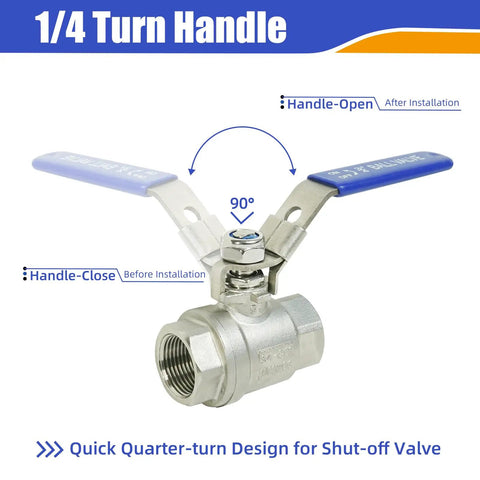 Four Pack Three Quarter Inch Full Port Ball Valve Set In 304 Stainless Steel NPT Female Heavy Duty Shutoff With Locking Device For Water Oil And Gas Corrosion Resistant Serviceable Ball Valve 1000 WOG demonstrating 1/4 turn handle mechanism.