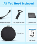 NEMA 5-15P Adapter, carry strap, cleaning cloth, storage bag, and user manual for Snappy Plug And Play 16A Level 1 And 2 Electric Vehicle Charger.