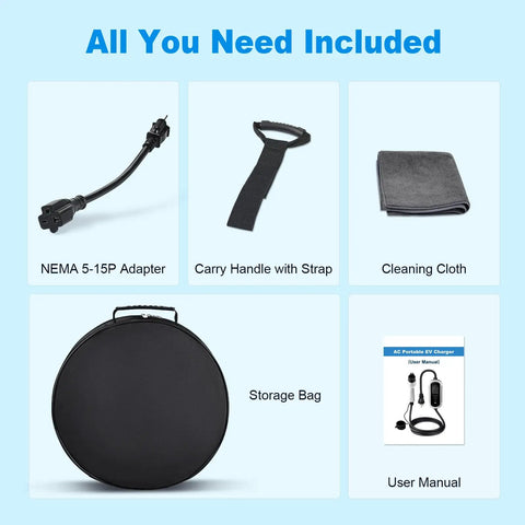 NEMA 5-15P Adapter, carry strap, cleaning cloth, storage bag, and user manual for Snappy Plug And Play 16A Level 1 And 2 Electric Vehicle Charger.