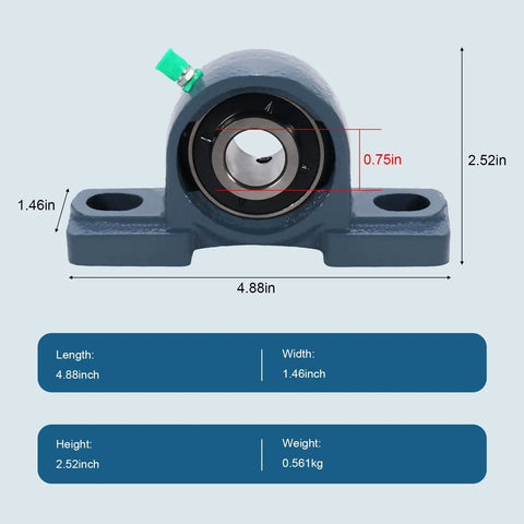 Front view of Two Pack UCP204 12 Pillow Block Bearing Kit for three quarters inch shafts with dimensions and solid cast iron base.