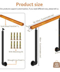 Built Tough Adjustable Solid Wood Outdoor Handrail Kit With Heavy Duty Iron Brackets size diagram showing wooden handrail and iron posts.