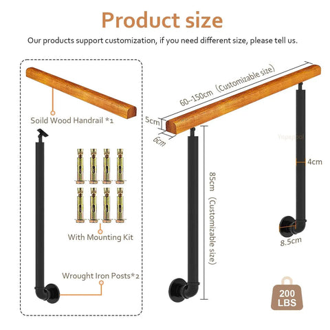 Adjustable Solid Wood Handrail Kit For Outdoor Steps And Stairs With Iron Posts Wall Mounted Deck Railing 80cm dimensions showing size.