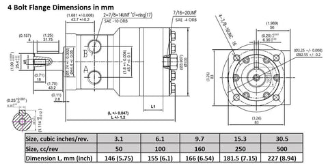 Technical drawing of a hydraulic high torque orbital motor showing dimensions and specifications for a 4 bolt flange.