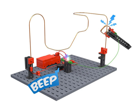 Hands On Electricity Kit For Kids With 11 Models, Fun STEM Educational Game For Ages 8 And Up, Learn Electrical Circuits And Build Real Projects, Interactive Science Toy For Curious Young Engineers, gray baseboard with wired beeping circuit