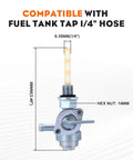 Two Pack 90 Degree Gas Shut Off Valve Petcock 28-1783-V for 1/4 hose compatibility diagram showing measurement details