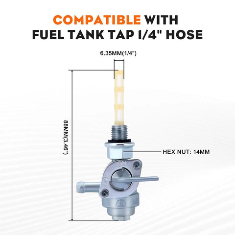 Two Pack 90 Degree Gas Shut Off Valve Petcock 28-1783-V for 1/4 hose compatibility diagram showing measurement details