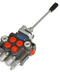 Front view of two-spool hydraulic control valve with lever, dark metal body and orange port plugs.