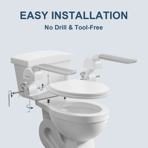 Adjustable Toilet Safety Rail With Rock Solid No Slip Handles Hassle Free Bathroom Assist Bar For Elderly Big Time Stability Quick Install Wide Arm Waterproof Grip easy installation with no drill tool-free setup on a standard toilet.