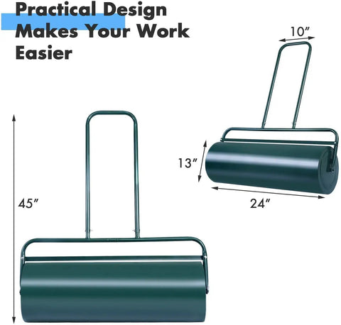 Lawn Roller 24 Inch Steel Push Pull Water Filled Do It All Yard Tool For Park Garden And Ball Field Tow Behind With Ergonomic Handle Heavy Duty For Smoothing Leveling And Seedbed Prep 13 Gallon Capacity, shown with dimensions.