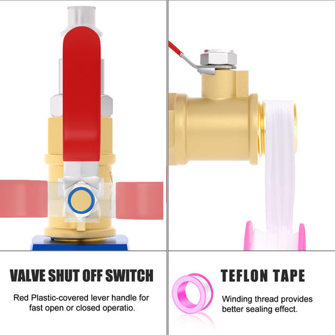 Close-up of valve shut off switch and Teflon tape features for Workhorse 3 Way Air Manifold With 200 Psi Gauge, Aluminum Quick Connect Air Splitter.