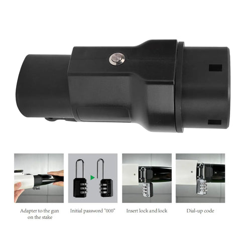 Heavy Duty EV Charging Adapter For Type 2 Connectors showing secure locking feature and IP54 weatherproof build.