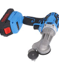 Jauarta 21V Cordless Electric Metal Shear With Rechargeable Battery Rotating Head And Led Light For Cutting Iron Sheet Aluminum Two Speed High Performance Power Tool With U S Plug, angled view showing battery and rotating head.