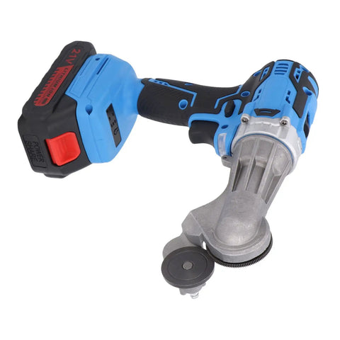 Jauarta 21V Cordless Electric Metal Shear With Rechargeable Battery Rotating Head And Led Light For Cutting Iron Sheet Aluminum Two Speed High Performance Power Tool With U S Plug, angled view showing battery and rotating head.
