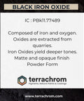 Front view of Black Iron Oxide pigment information card with powder form and Terrachrom logo.