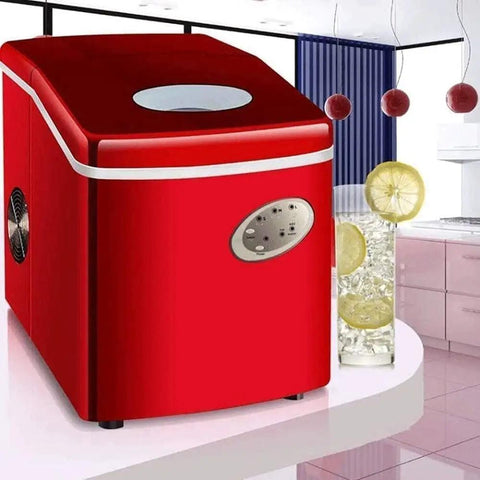 Rock Solid Countertop Ice Maker With Quick Freeze Cycle And No Sweat Self Clean Routine Heavy Duty Plastic Build in red color.