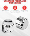 Chrome Front Axle Nut Covers for Harley Davidson Touring Dyna Sportster Softail Electra Glide Street Glide Road Glide Models 2002 To 2024 for a clean look and easy bolt on fit, showing chrome finish and screw details