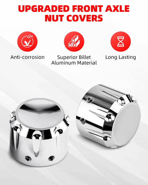 Chrome Front Axle Nut Covers for Harley Davidson Touring Dyna Sportster Softail Electra Glide Street Glide Road Glide Models 2002 To 2024 for a clean look and easy bolt on fit, showing chrome finish and screw details