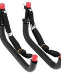 Front view of Beefy Wall Mount Kayak Storage Rack With Lashing Straps, Heavy Duty Garage Hanger For Kayaks, SUPs, Paddle Boards And Surfboards, 100 Lb Capacity, EVA Foam Protected Arms, Easy Access Hooks, Black And Red.
