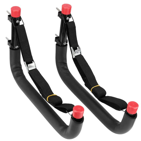 Front view of Beefy Wall Mount Kayak Storage Rack With Lashing Straps, Heavy Duty Garage Hanger For Kayaks, SUPs, Paddle Boards And Surfboards, 100 Lb Capacity, EVA Foam Protected Arms, Easy Access Hooks, Black And Red.