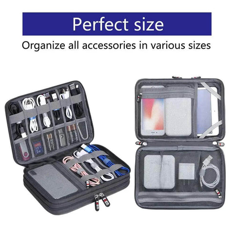 Grab And Go Double Layer Cable Organizer Pouch For Travel And Daily Adventures With Thick Padding to store various cables and tablets.