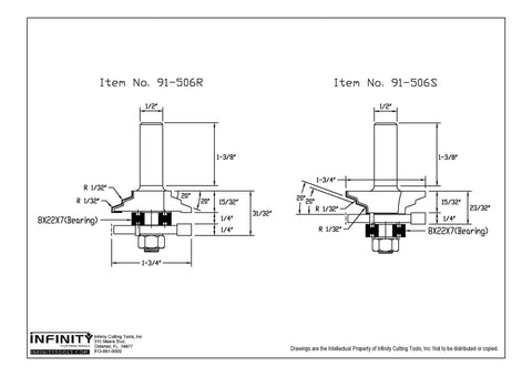 Technical diagram of Half Inch Shank Matched Rail And Stile Router Bits Set For Handheld Routers, 1-3/4 Inch Cutting Diameter.