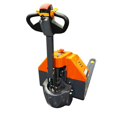 Heavy Duty Electric Walkie Pallet Truck With 3300 Lb Capacity. Compact design with built-in battery and easy control features.