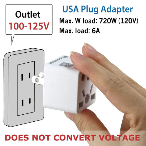 Must Have US Type A Travel Plug Adapter Converts European UK Indian Australian Chinese Brazilian And Other Plug Types To USA Outlets 2 Prong Ungrounded Travel Converter For North America being plugged into a wall outlet.