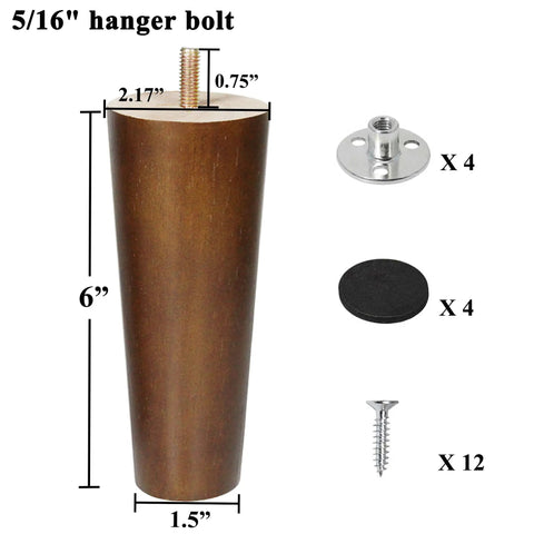 Mid Century Modern Solid Wood Furniture Legs Walnut Finish Six Inch replacement leg with mounting hardware for easy installation.