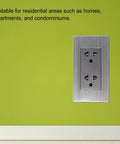 Heavy Duty Stainless Steel Wall Outlet Featuring A Fireproof Electrical Receptacle That Is Totally Badass And Built To Resist Corrosion While Delivering Rock Solid Connections In Each 10 Pack Box, mounted on green wall.