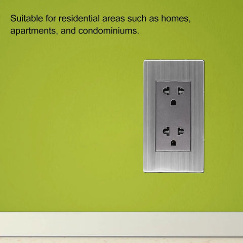 Heavy Duty Stainless Steel Wall Outlet Featuring A Fireproof Electrical Receptacle That Is Totally Badass And Built To Resist Corrosion While Delivering Rock Solid Connections In Each 10 Pack Box, mounted on green wall.