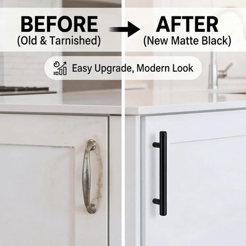 10 Piece Matte Black Stainless Steel Cabinet Handles for Kitchen Cabinets and Drawer Pulls, 5 Inch Long before after view