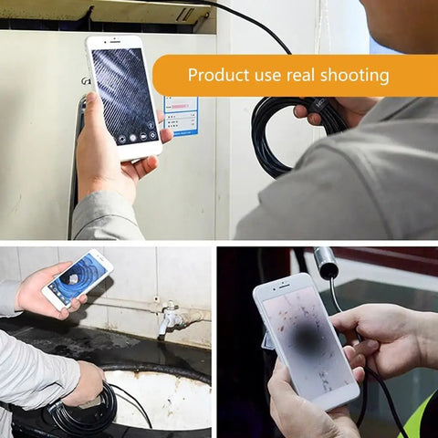 Dual Lens Endoscope Camera With Light connected to smartphone during real inspection, showcasing 16.4 ft cable, 5.5mm diameter